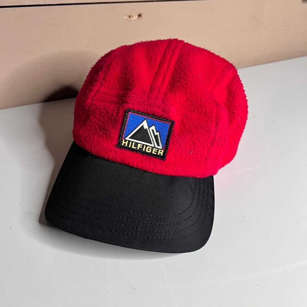 Vintage Tommy Hilfiger Expedition Fleece 5 Panel Hat Red Black Made in USA Cap